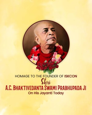Portrait of A.C. Bhaktivedanta Swami Prabhupada Ji with floral garland and text commemorating his Jayanti.