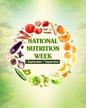 A vibrant graphic promoting National Nutrition Week with a circular arrangement of fresh fruits and vegetables.