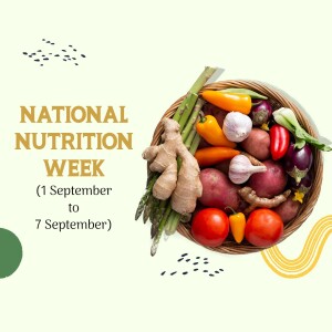 A basket of fresh vegetables and fruits with text 'National Nutrition Week'