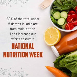 Image promoting National Nutrition Week with healthy food and statistics about malnutrition in India.