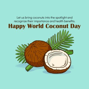Illustration of coconuts and palm leaves with text 'Happy World Coconut Day'