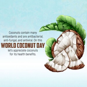Image celebrating World Coconut Day with a coconut and green leaves.