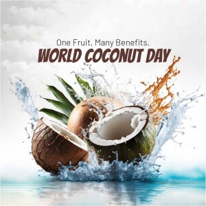 Image celebrating World Coconut Day with a splashing coconut