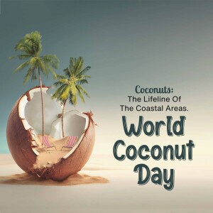 A halved coconut revealing a beach scene with palm trees and lounge chairs, celebrating World Coconut Day.