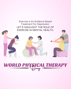 Illustration depicting physical therapy sessions with people of different ages, promoting exercise for mental health.