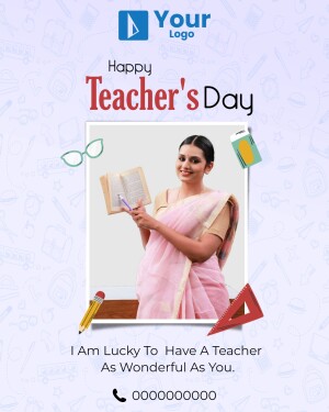 Teacher's Day greeting with a woman in a saree and school supplies