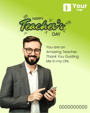 A man holding a phone with a 'Happy Teacher's Day' graphic in the background.