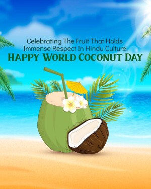 Illustration of a coconut with flowers and a drink on a beach, celebrating World Coconut Day.