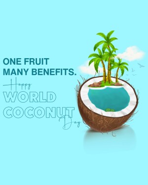 Illustration of a coconut split in half revealing a tropical island scene inside