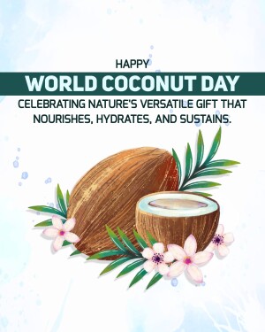 Image celebrating World Coconut Day with a coconut and tropical leaves.
