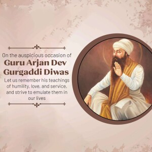 Portrait of Guru Arjan Dev with text commemorating Gurpurb