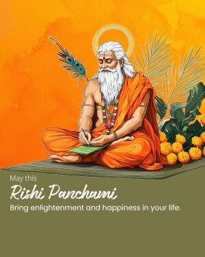 Illustration of a sage writing on a leaf with peacock feather, celebrating Rishi Panchami