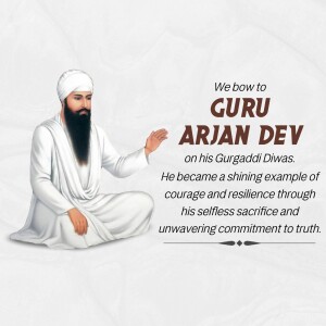 Portrait of Guru Arjan Dev Ji with text commemorating Gurpurb