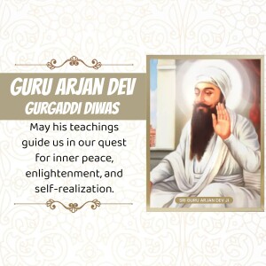 Image of Guru Arjan Dev Ji with Gurpurb message