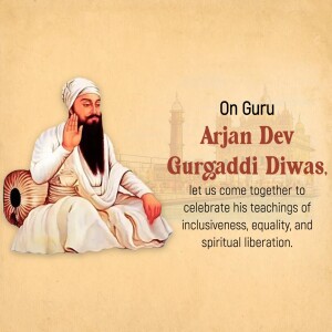 Portrait of Guru Arjan Dev Ji with Gurpurb message