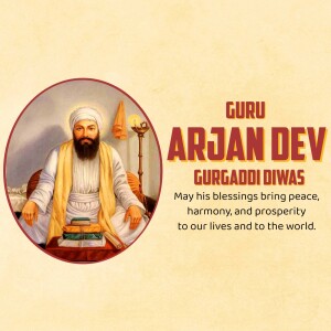 Portrait of Guru Arjan Dev with Gurugaddi Diwas text