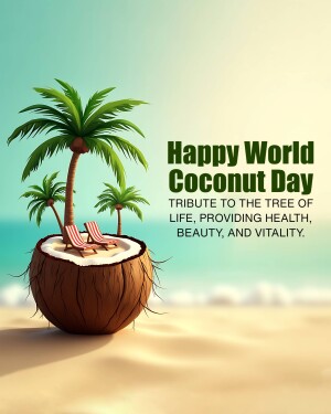 Illustration of a coconut with palm trees growing out of it and lounge chairs on top, celebrating World Coconut Day.