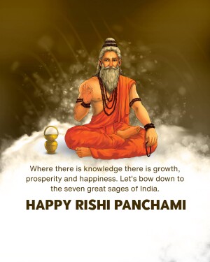 Illustration of a sage meditating on clouds with text 'Happy Rishi Panchami'