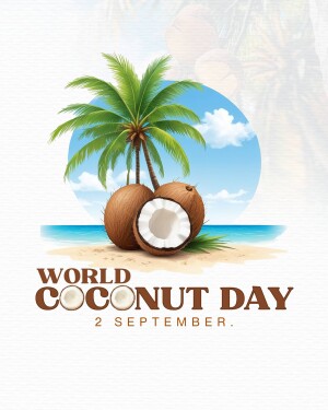 Illustration of coconuts and a palm tree with text 'World Coconut Day'