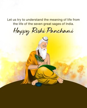 Illustration of a sage with text 'Happy Rishi Panchami'