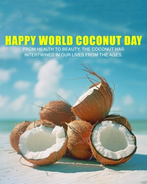 Pile of coconuts with some cut open, against a beach and blue sky background