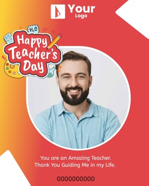 Happy Teacher's Day card with a teacher's portrait and school supplies