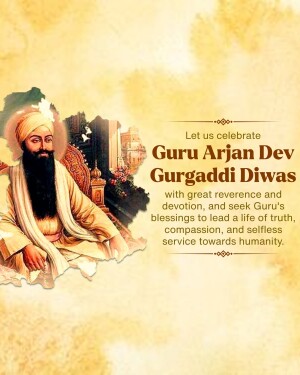 Image depicting Guru Arjan Dev Ji with text celebrating Gurpurb