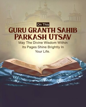 Image depicting Guru Granth Sahib Prakash Utsav with an open holy book and the Golden Temple in the background.