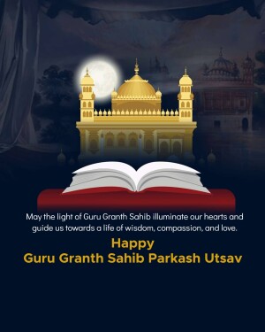 Golden Temple with an open book and text wishing Happy Guru Granth Sahib Parkash Utsav
