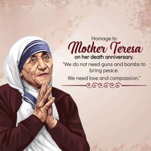 Portrait of Mother Teresa with a quote about peace and compassion.