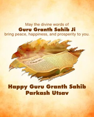 Image depicting an open holy book with a leaf design and text wishing Happy Guru Granth Sahib Parkash Utsav.