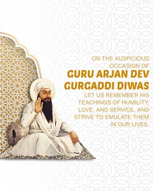 Image of Guru Arjan Dev Ji with text commemorating Gurpurb