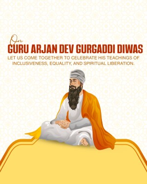 Illustration of Guru Arjan Dev Ji with text celebrating Gurpurb