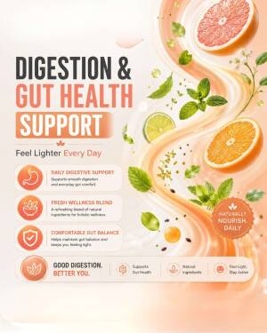 Infographic promoting digestion and gut health with citrus fruit and mint illustrations