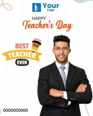 Image of a male teacher with a 'Best Teacher Ever' graphic and a pencil illustration, celebrating Teacher's Day.