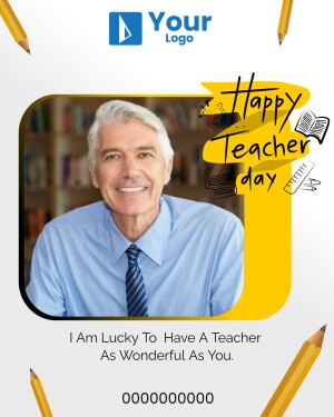 Happy Teacher's Day card with a teacher's portrait and school supplies