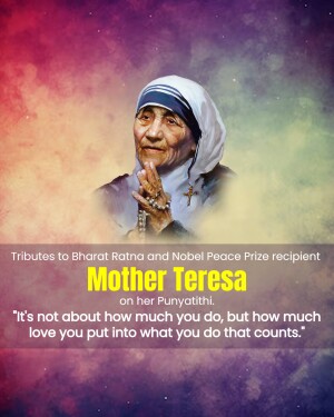 Portrait of Mother Teresa with a quote on her Punyathithi