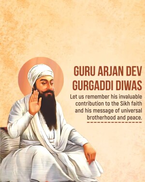 Portrait of Guru Arjan Dev with text commemorating Gurugaddi Diwas