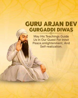 Portrait of Guru Arjan Dev with text commemorating GurGaddi Diwas