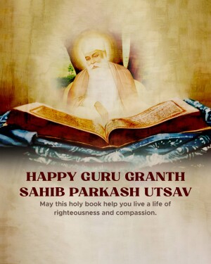 Image depicting Guru Nanak with the Guru Granth Sahib, celebrating Prakash Utsav.