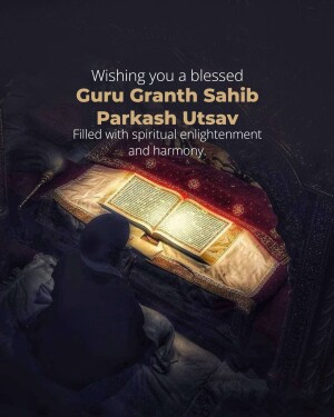 Image depicting Guru Granth Sahib Prakash Utsav with a person in prayer.