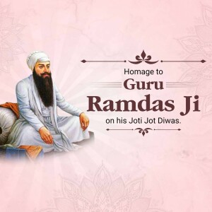 Portrait of Guru Ramdas Ji with text commemorating his Jot Diwas