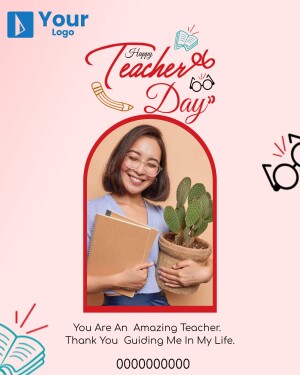 Image of a smiling female teacher holding a plant and notebook, with 'Happy Teacher's Day' text.