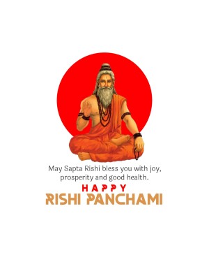 Image of a Rishi with a red circular background and text wishing Happy Rishi Panchami