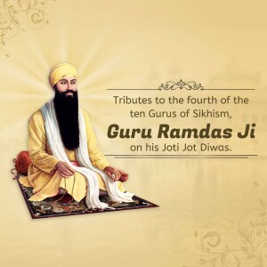 Portrait of Guru Ramdas Ji with text commemorating his Jot Jot Diwas