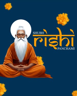 Digital illustration of a meditating Rishi with marigold flowers and text 'Shubh Rishi Panchami'