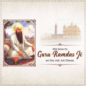 Image depicting Guru Ramdas Ji with the Golden Temple in the background, celebrating Guru Ramdas Ji Jayanti.