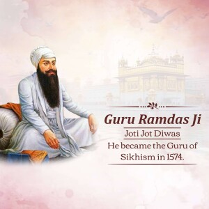 Portrait of Guru Ramdas Ji with the Golden Temple in the background