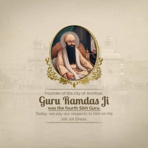 Portrait of Guru Ram Das Ji with Golden Temple in the background