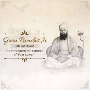 Portrait of Guru Ramdas Ji with a mosque in the background and a decorative border.